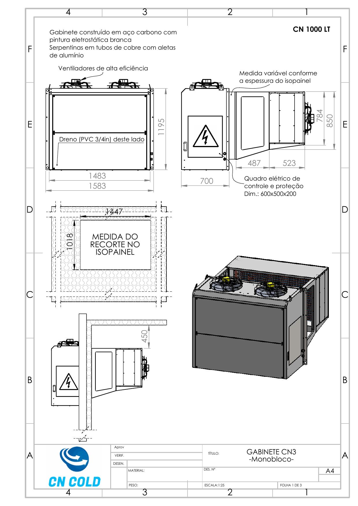 Desenho dimensional do gabinete CN3