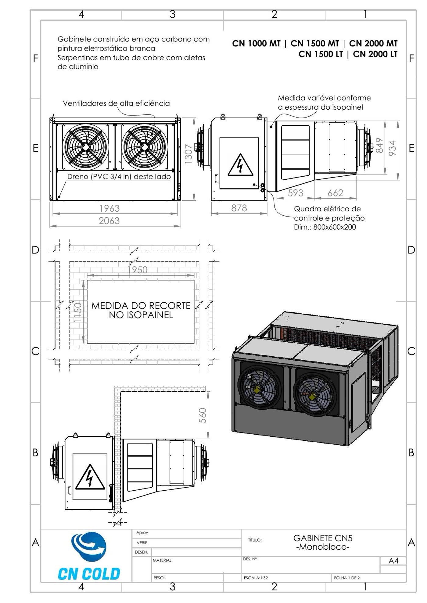 Desenho dimensional do gabinete CN5