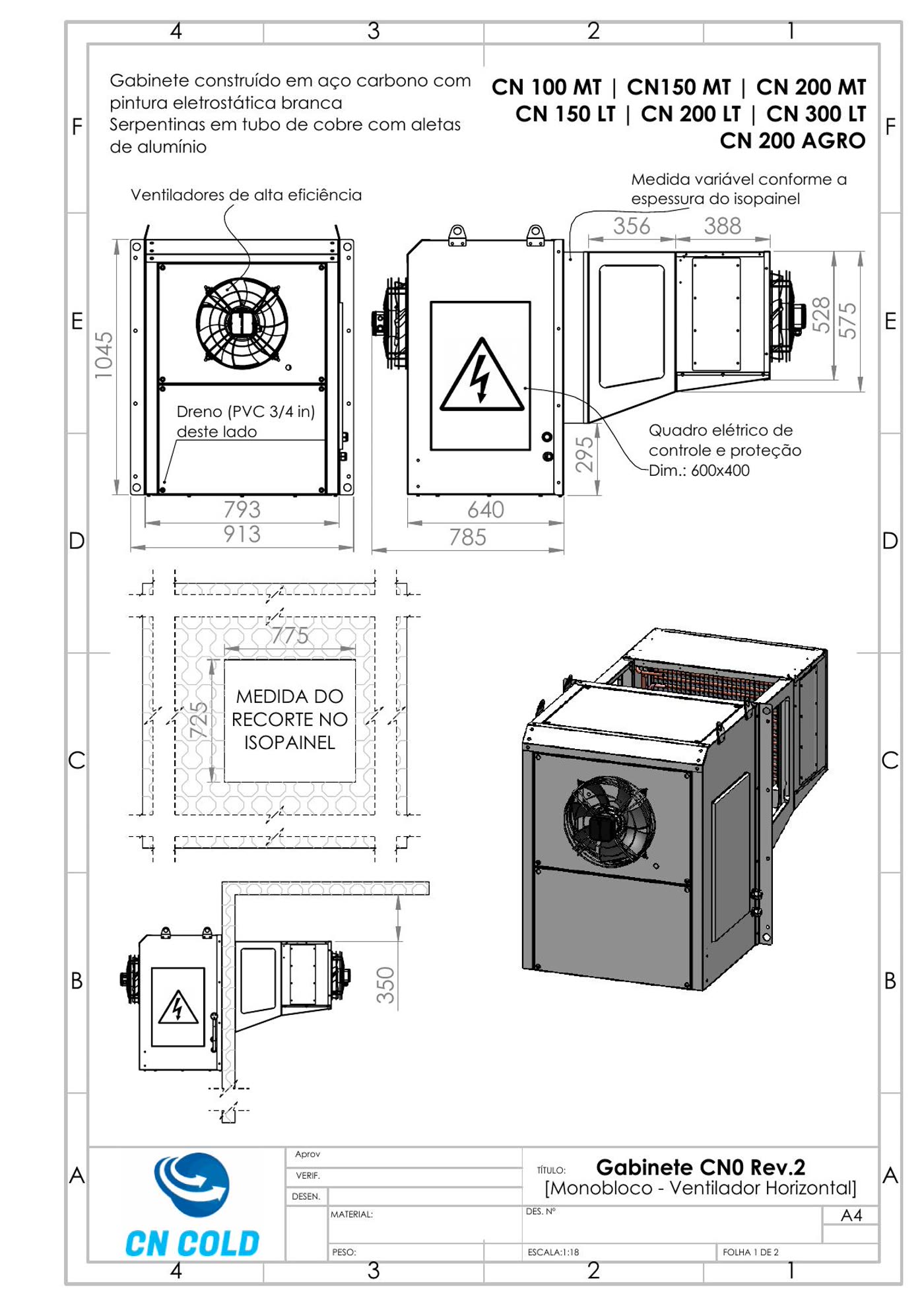 Desenho dimensional do gabinete CN0