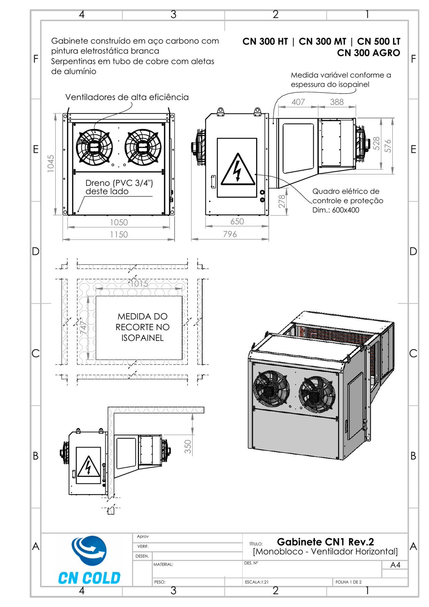 Desenho dimensional do gabinete CN1