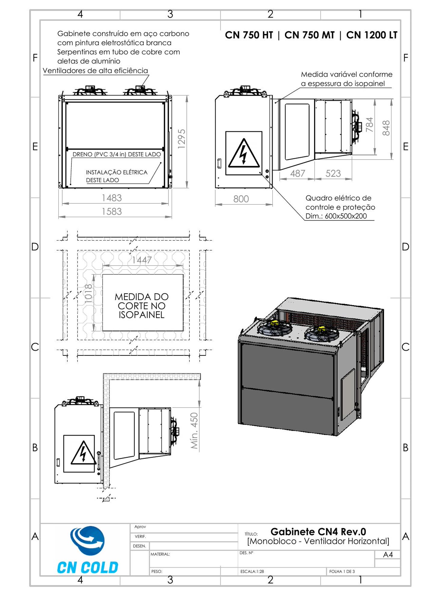 Desenho dimensional do gabinete CN4