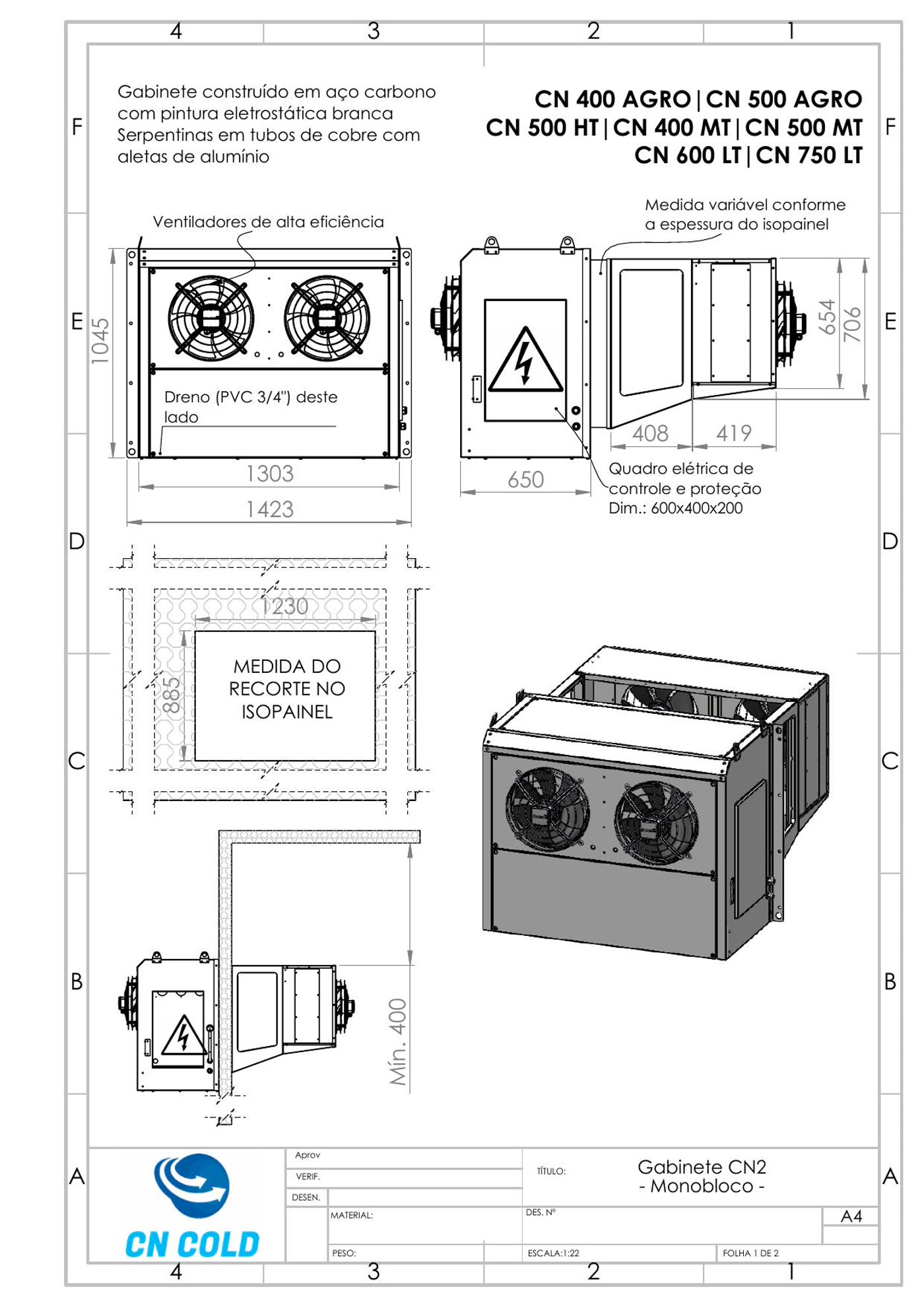 Desenho dimensional do gabinete CN2